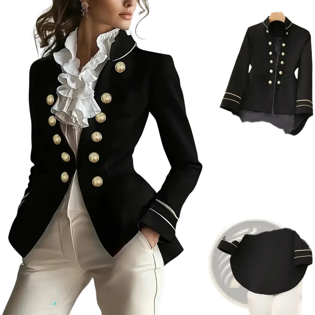 Black women military double-breasted blazer with gold buttons and white piping accents in y2k style jacket