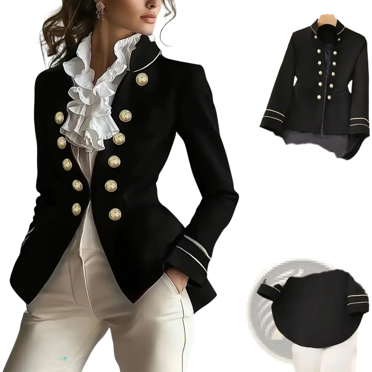 Black women military double-breasted blazer with gold buttons and white piping accents in y2k style jacket