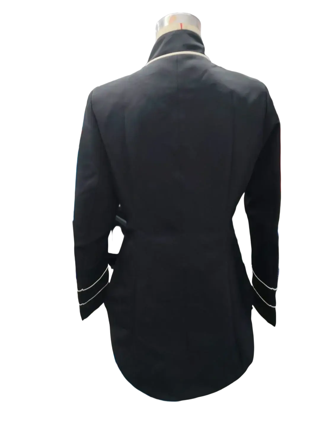 Women military blazer black formal blazer with white piping and gold button displayed on a mannequin in garment factory