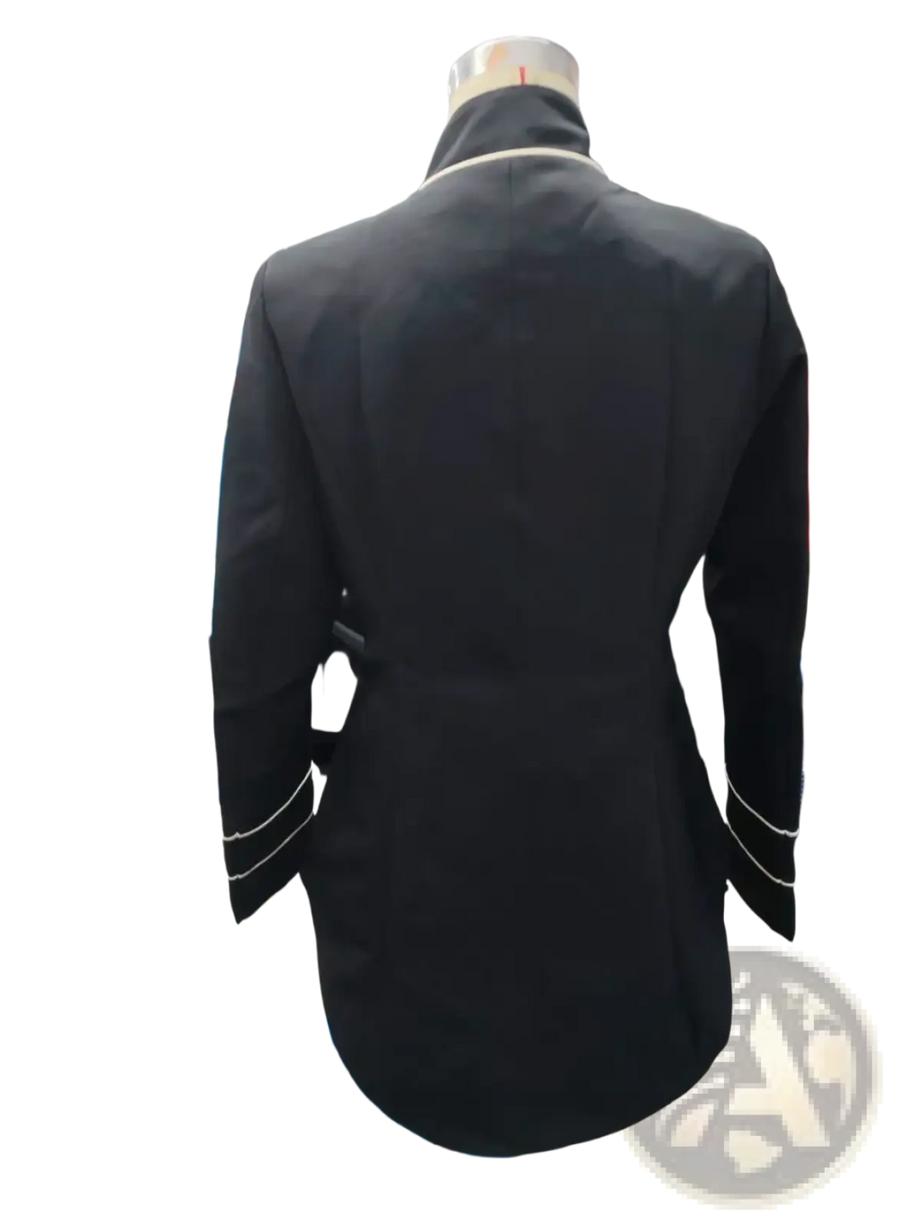 Women military blazer black formal blazer with white piping and gold button displayed on a mannequin in garment factory
