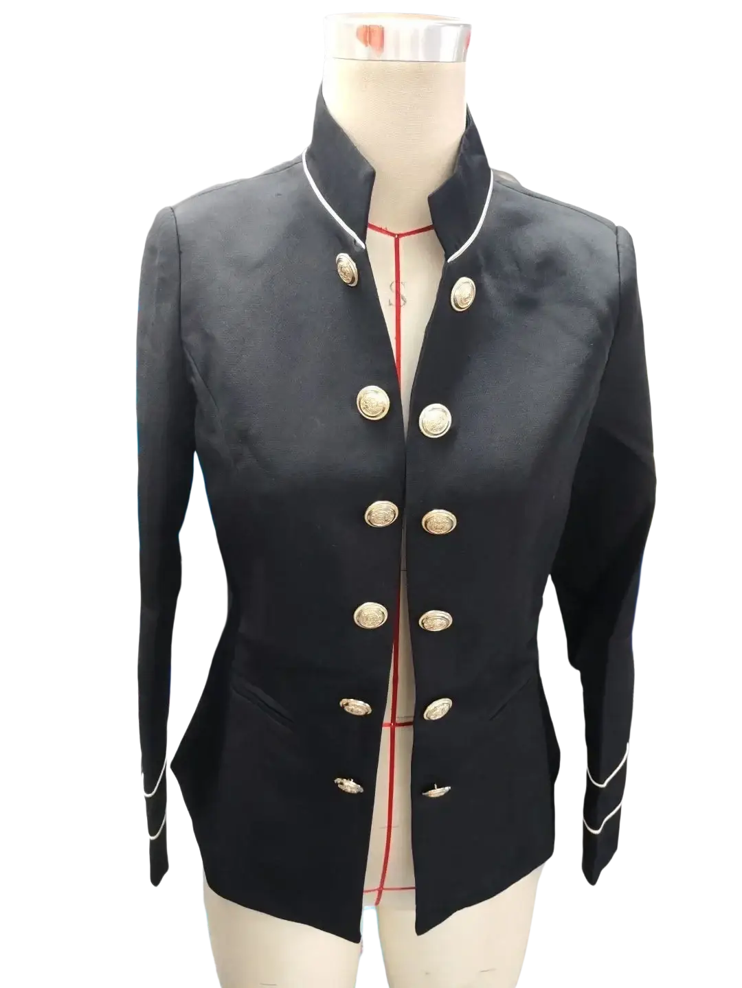Black women military blazer with gold button detailing and white piping on collar and cuffs in a Y2K style