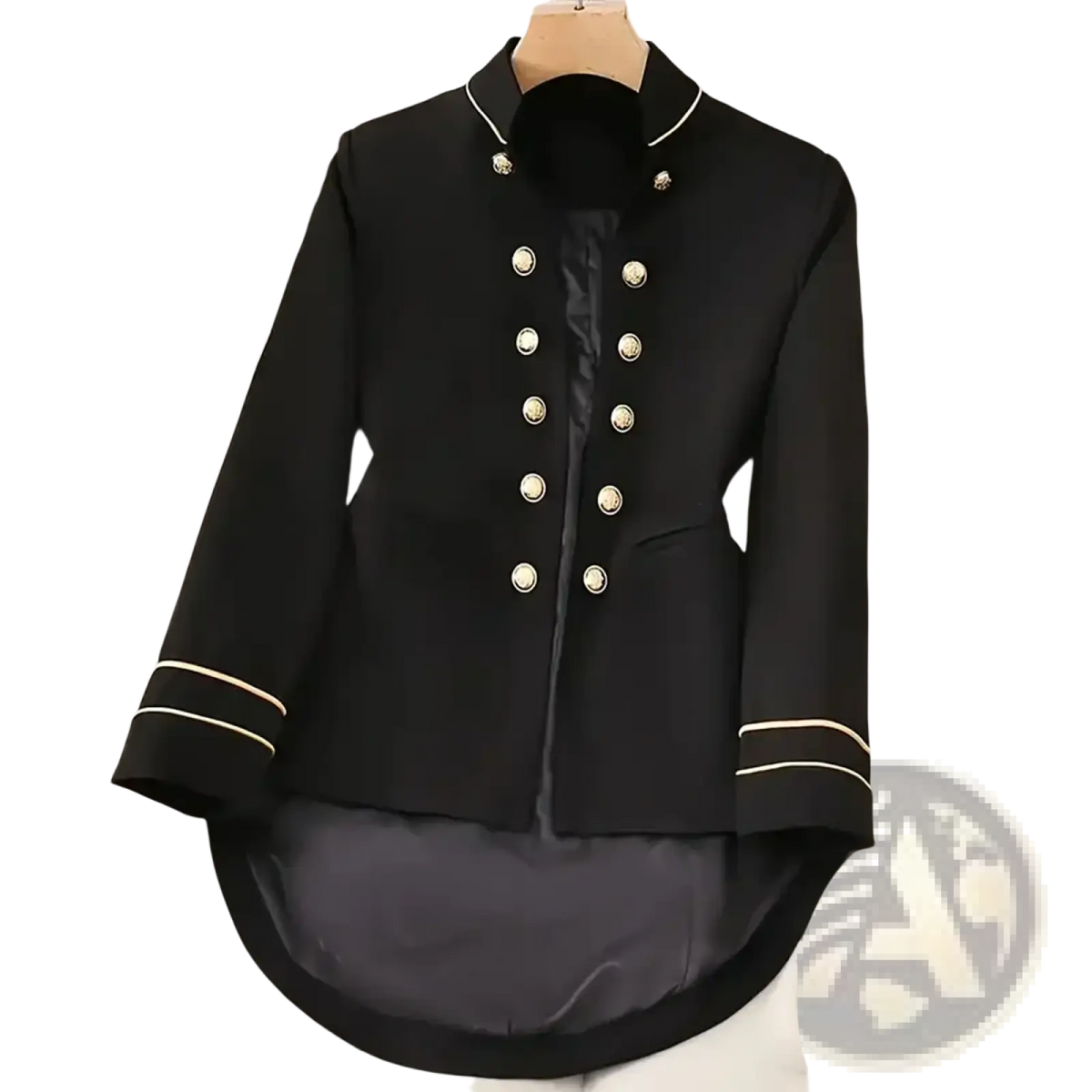 Black women military blazer with gold-toned buttons and trim in y2k style for formal and stylish wear
