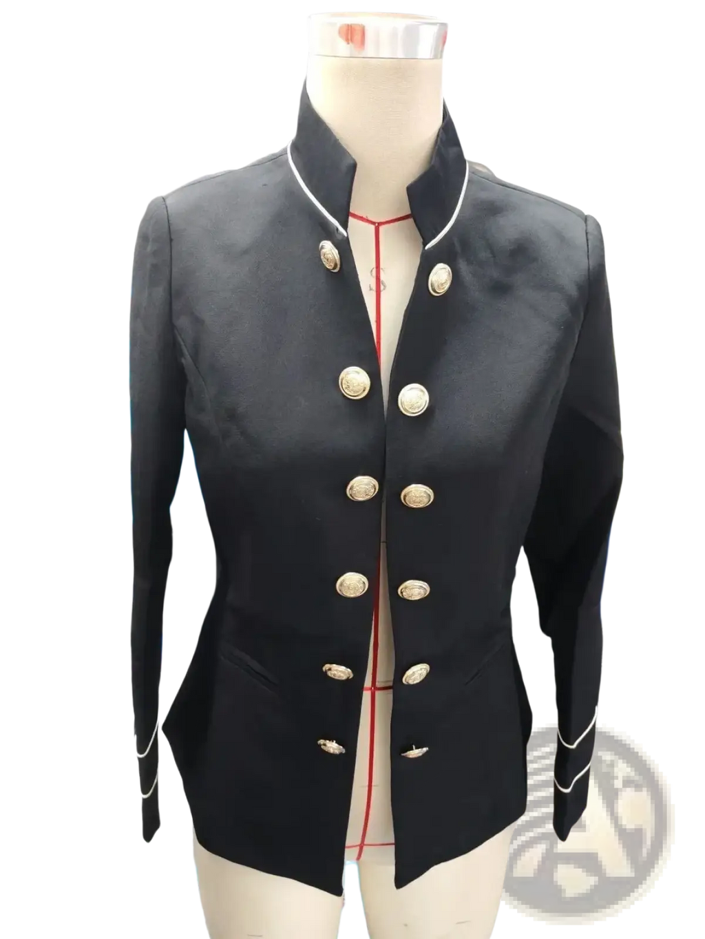 Black women military blazer with gold button detailing and white piping on collar and cuffs in a Y2K style