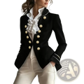 Black women military blazer with gold buttons and white ruffled collar in y2k style for formal occasions
