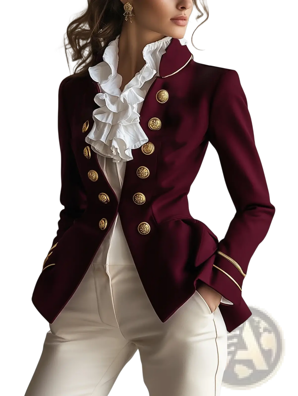 Women military velvet blazer jacket in rich burgundy with gold buttons and white lace ruffled neckline detail
