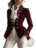 Women military velvet blazer jacket in rich burgundy with gold buttons and white lace ruffled neckline detail