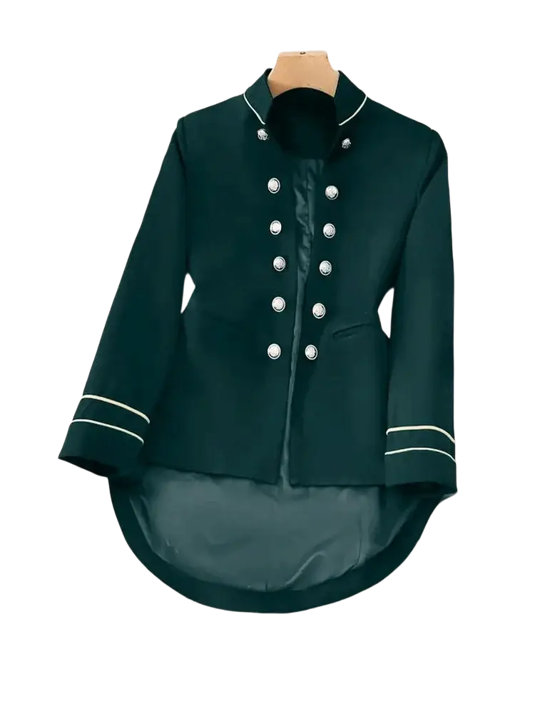 Women military velvet blazer jacket in dark green with silver buttons and white piping on collar cuffs and front placket