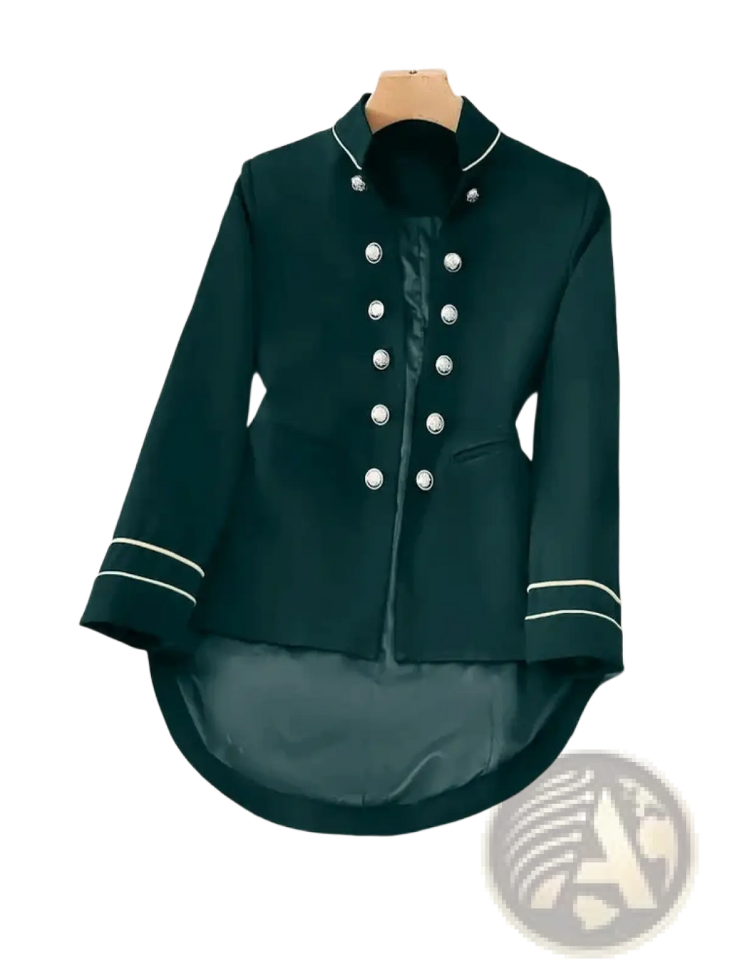 Women military velvet blazer jacket in dark green with silver buttons and white piping on collar cuffs and front placket