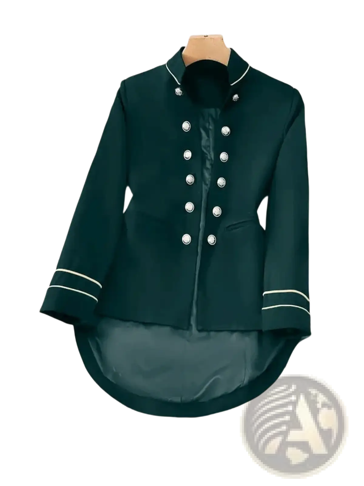 Women military velvet blazer jacket in dark green with silver buttons and white piping on collar cuffs and front placket