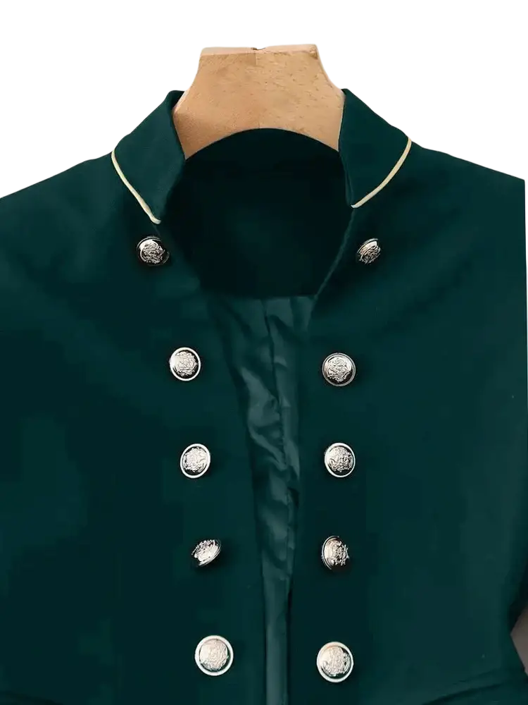Women military velvet blazer jacket in deep green with silver-toned buttons and cream piping on the collar