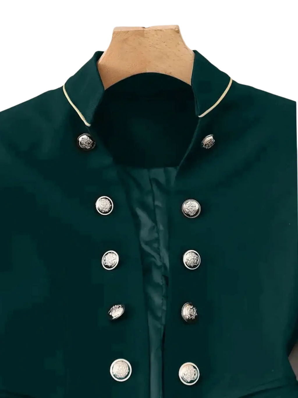Women military velvet blazer jacket in deep green with silver-toned buttons and cream piping on the collar