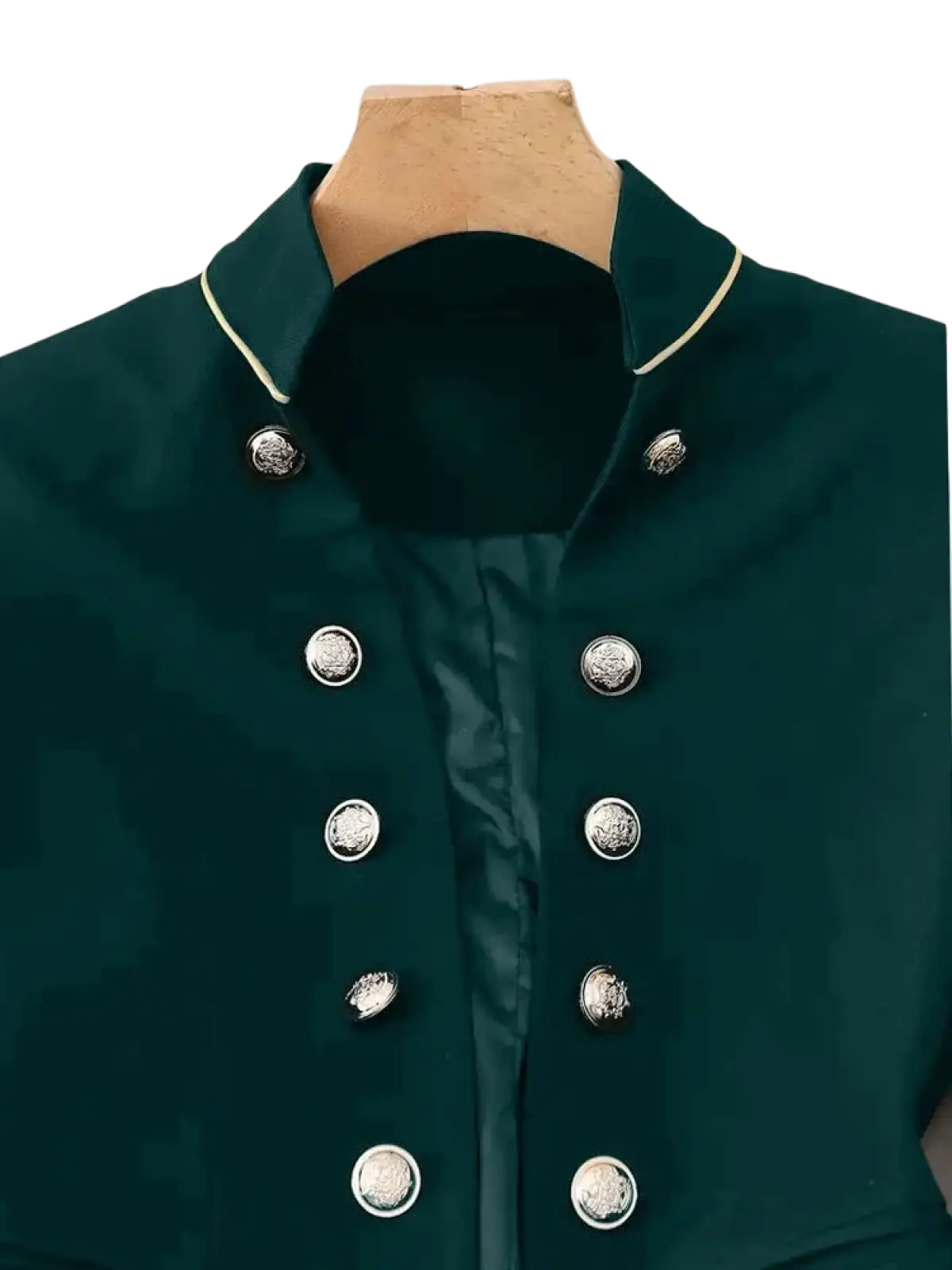 Women military velvet blazer jacket in deep green with silver-toned buttons and cream piping on the collar