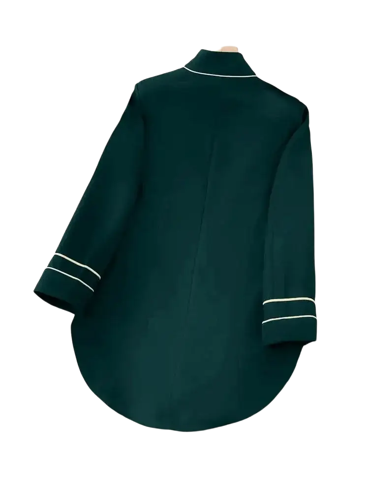 Women military velvet blazer jacket featuring a deep green satin blouse with white piping on collar and cuffs