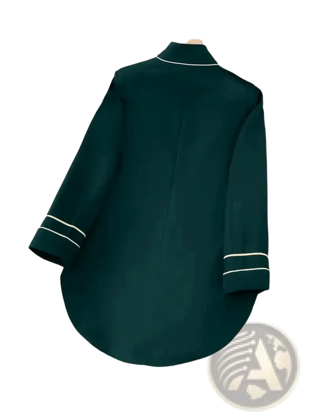 Women military velvet blazer jacket featuring a deep green satin blouse with white piping on collar and cuffs