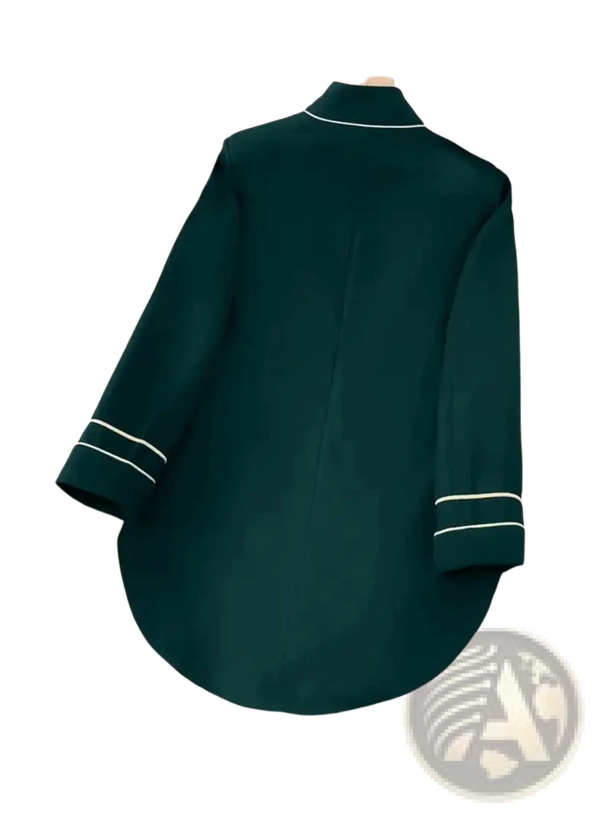 Women military velvet blazer jacket featuring a deep green satin blouse with white piping on collar and cuffs