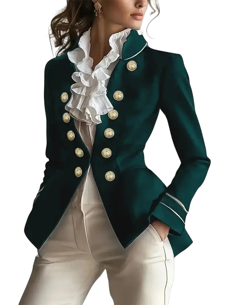 Women military velvet blazer jacket in emerald green with gold-toned buttons and white ruffled collar
