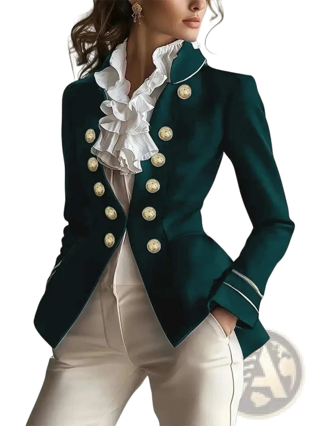 Women military velvet blazer jacket in emerald green with gold-toned buttons and white ruffled collar