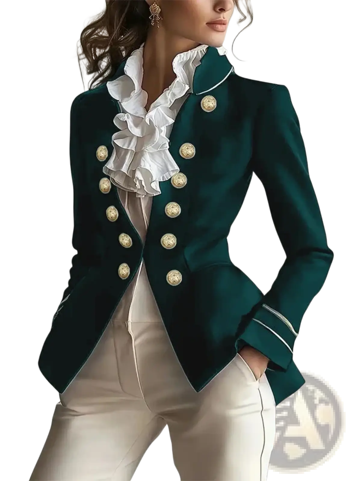 Women military velvet blazer jacket in emerald green with gold-toned buttons and white ruffled collar