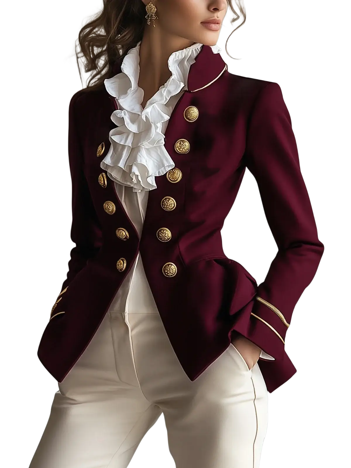 Women military velvet blazer jacket in rich burgundy with gold buttons and white lace ruffled neckline detail