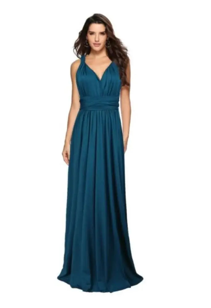 A flowing teal satin multiway halter neck maxi party dress with a fitted waist perfect for formal occasions