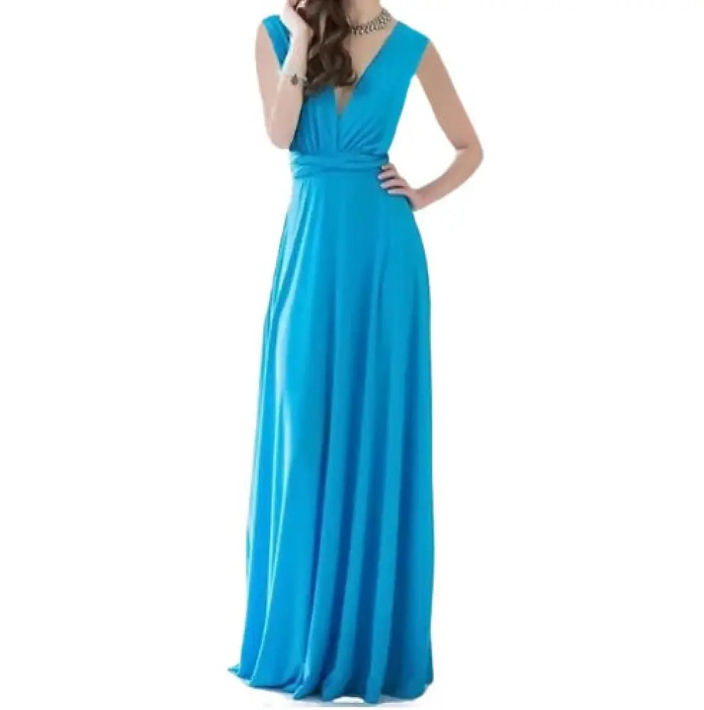A flowing turquoise satin multiway halter neck maxi party dress with a deep v-neckline and sleeveless design