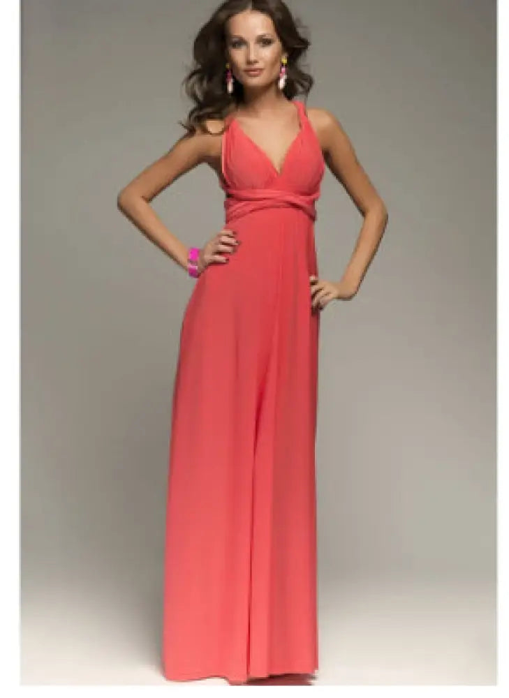 Coral-colored satin multiway halter neck maxi party dress with deep v-neckline and cinched waistband