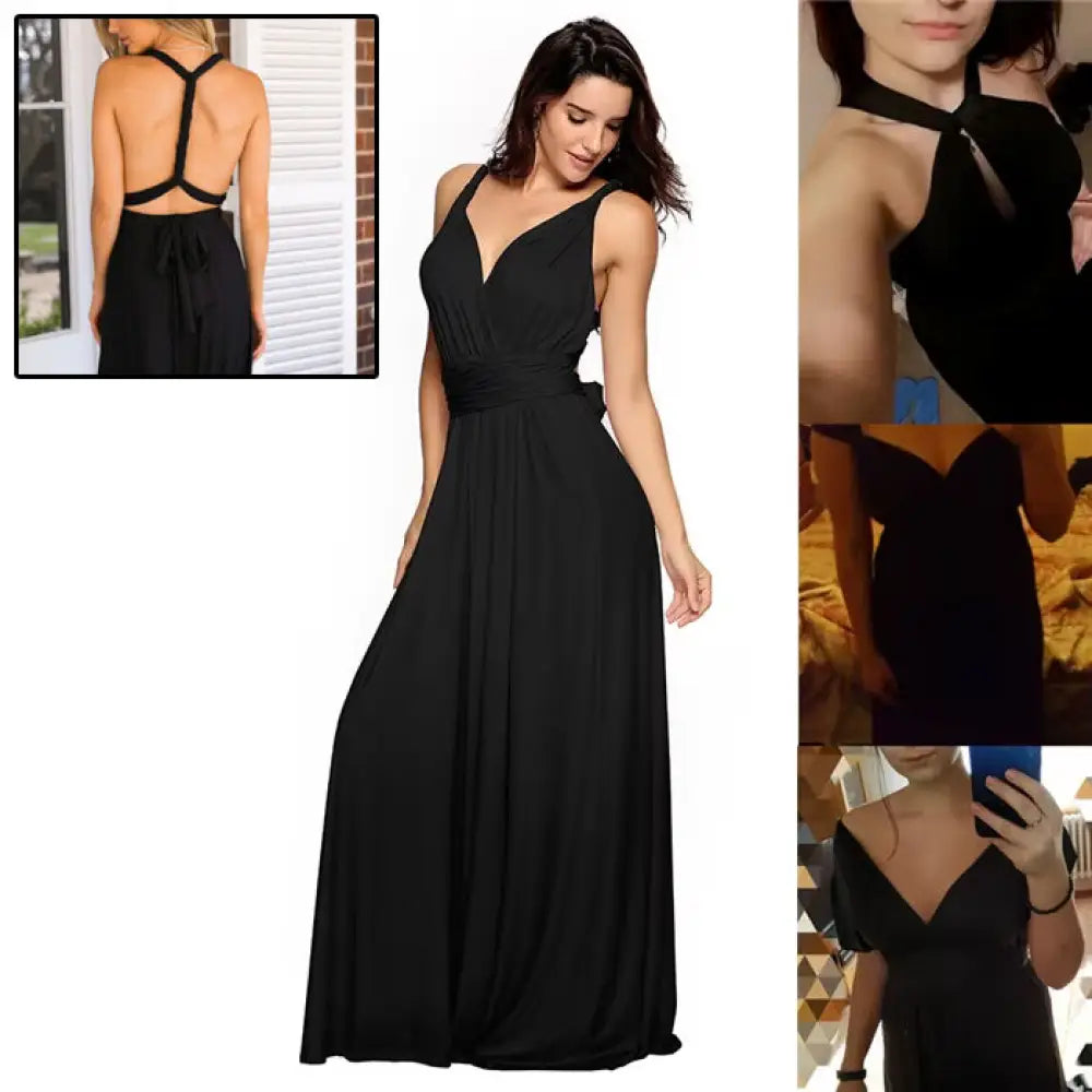 Black satin multiway halter neck maxi party dress with deep v-neckline and back tie straps shown from the back side
