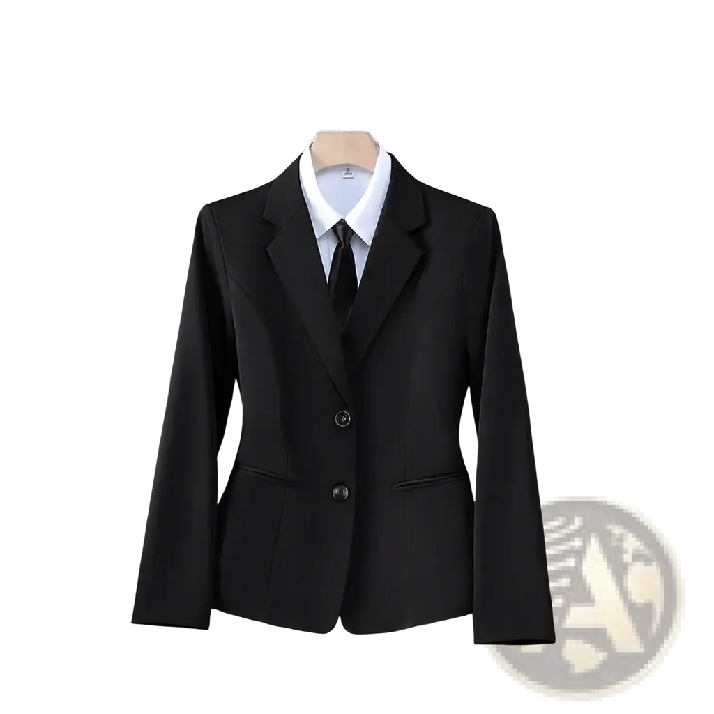 Women navy blue formal blazer jacket with tailored fit notched lapels and two front buttons displayed on wooden hanger