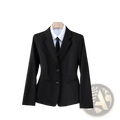 Women navy blue formal blazer jacket with tailored fit notched lapels and two front buttons displayed on wooden hanger