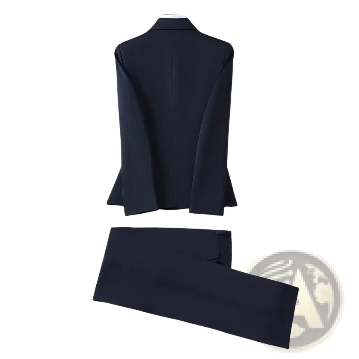 Women navy blue formal blazer jacket with matching black tailored suit trousers displayed on a tufted couch