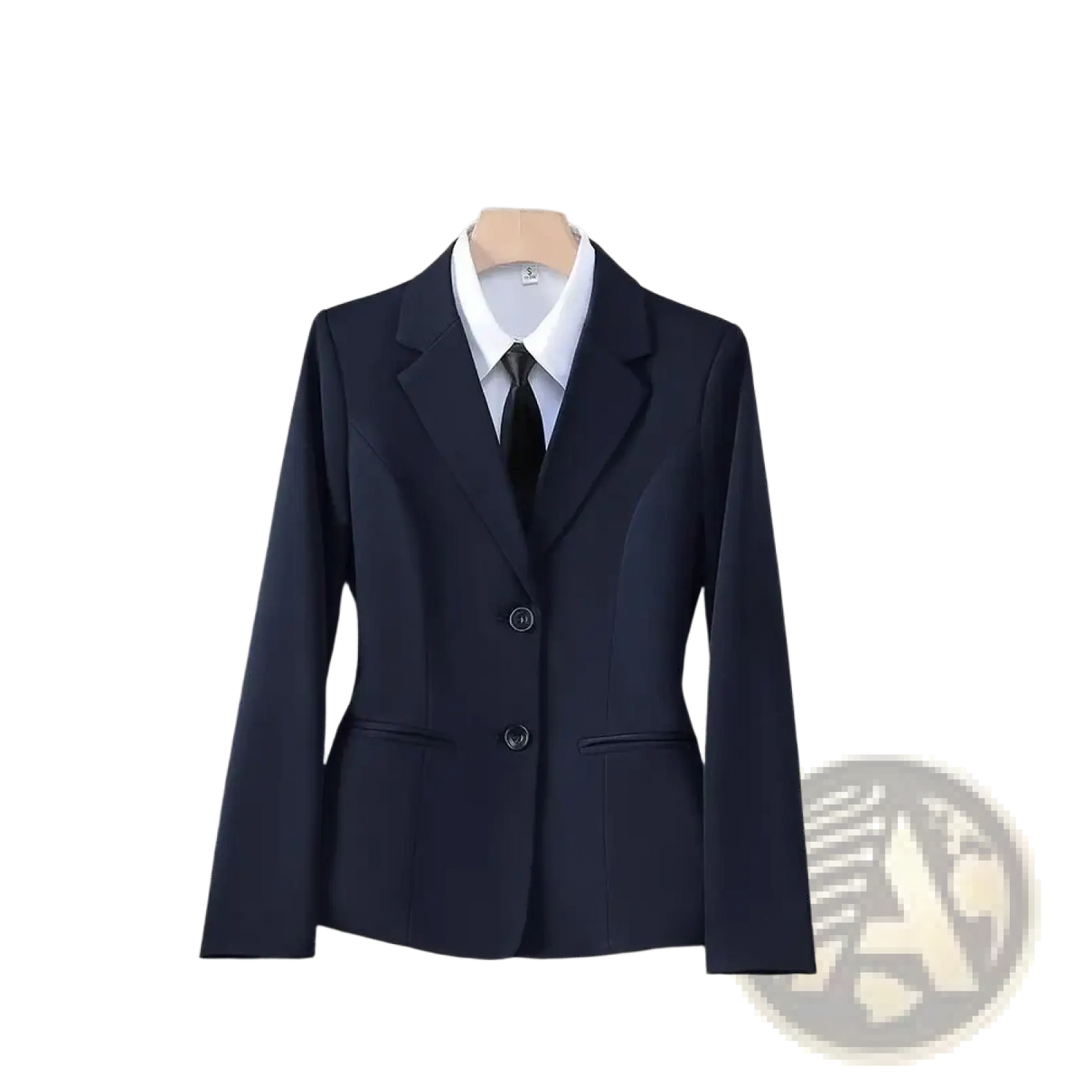 Women navy blue formal blazer jacket with notched lapels and two front buttons tailored for a polished look