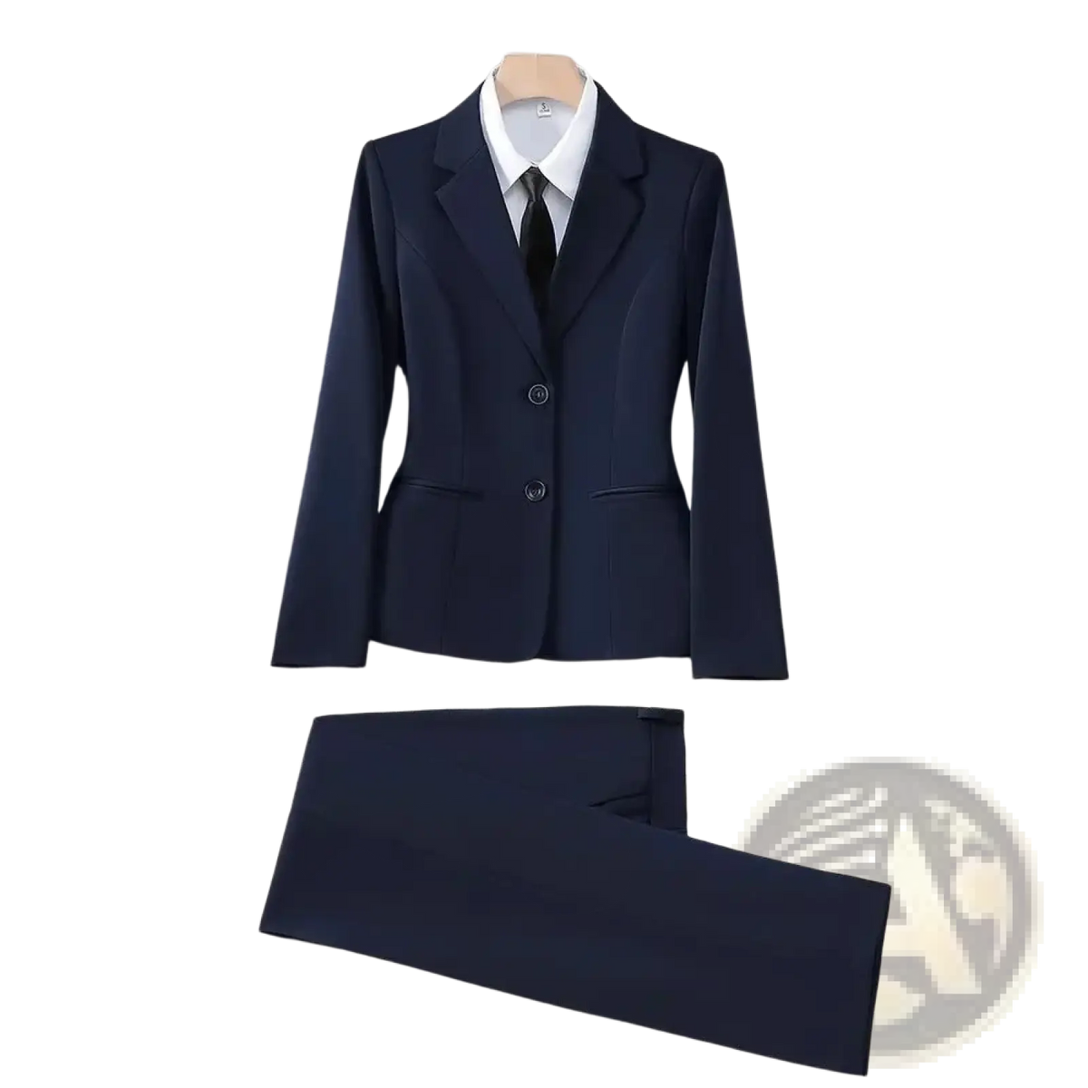 Women navy blue formal blazer jacket with two front buttons flap pockets paired with matching tailored trousers