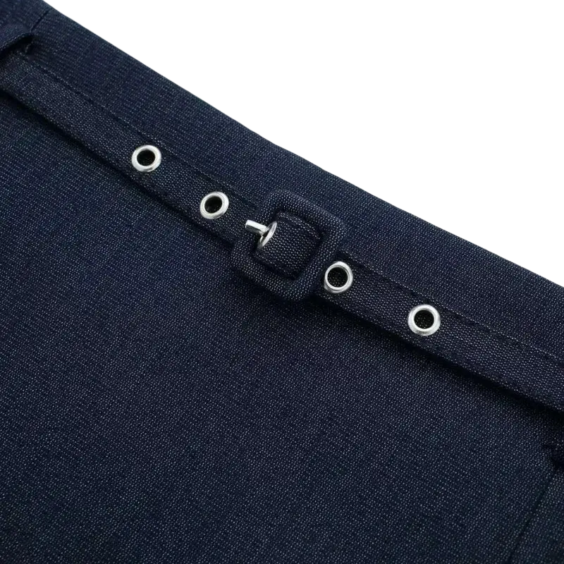 Women navy blue pleated shorts featuring a dark blue denim belt with silver-toned grommets and fabric buckle