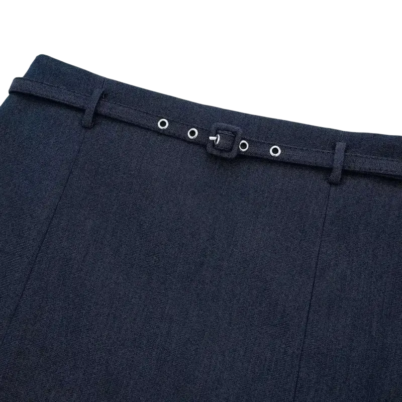 Women navy blue pleated shorts made of dark blue textured fabric with a matching belt featuring silver metal eyelets and buckle