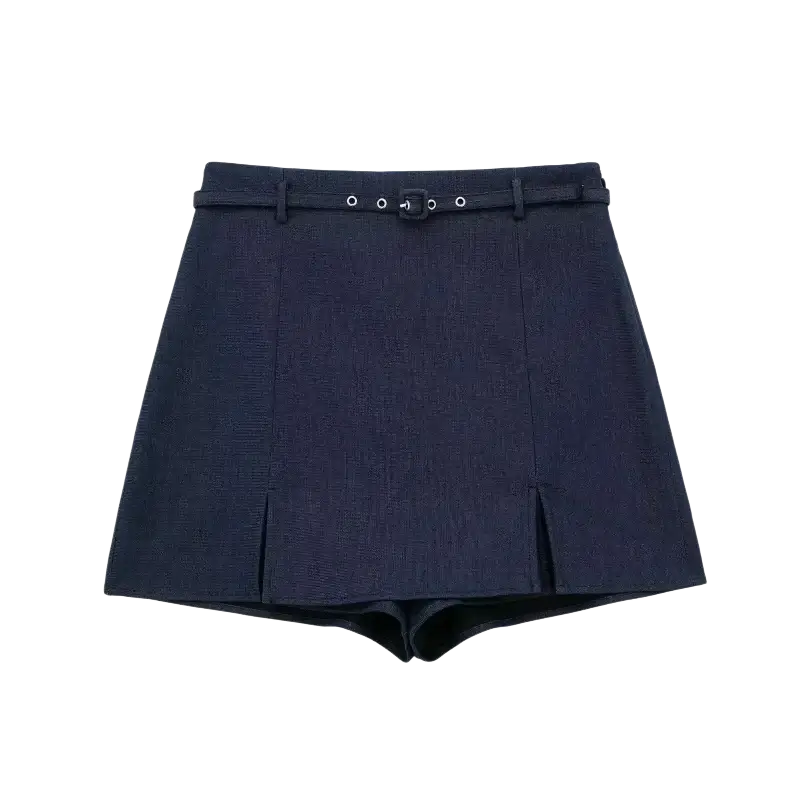 Women navy blue textured pleated mini skirt with matching belt featuring silver-toned hardware and front view