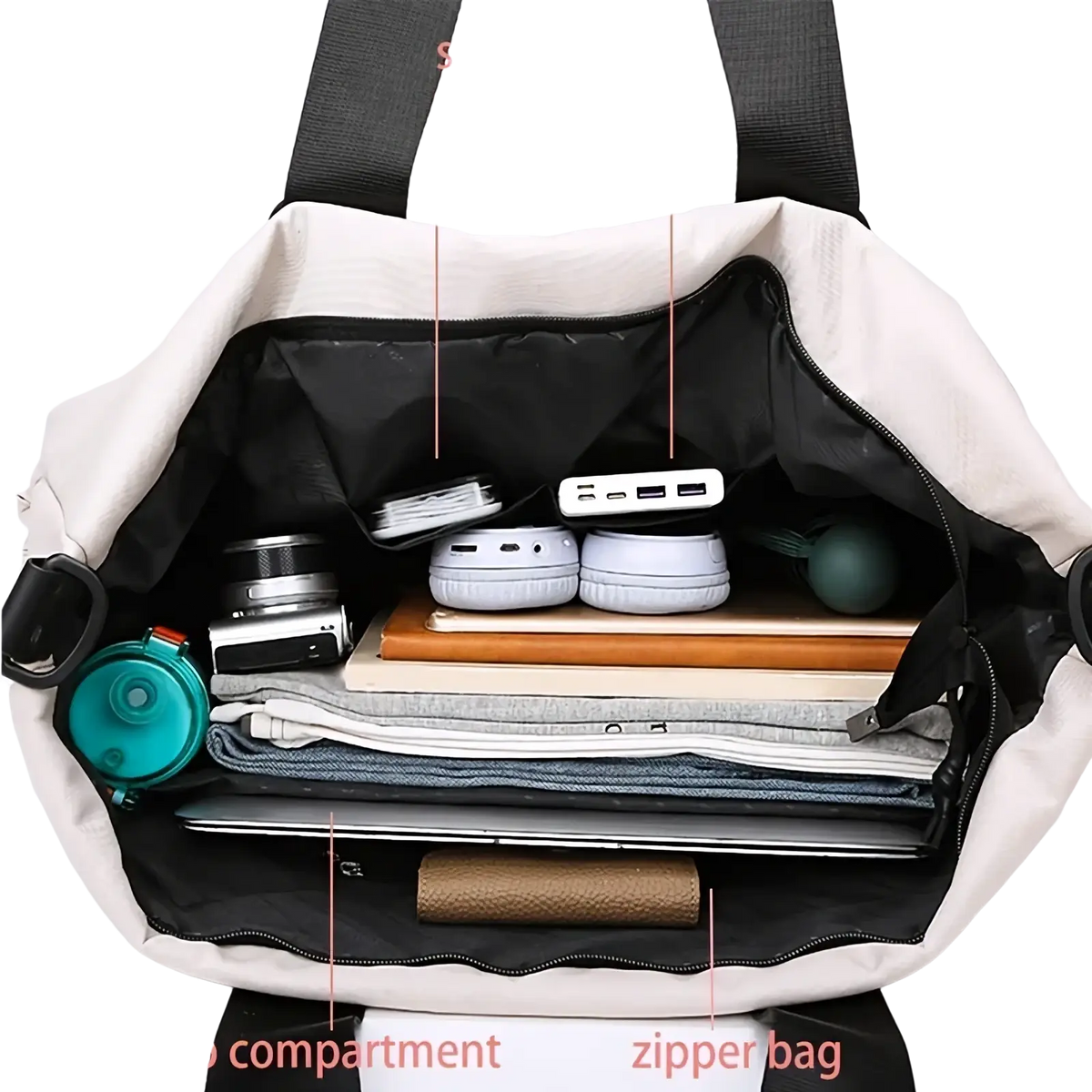 Beige canvas women nylon travel duffel bag with black interior straps, laptop compartment, and zipper pocket