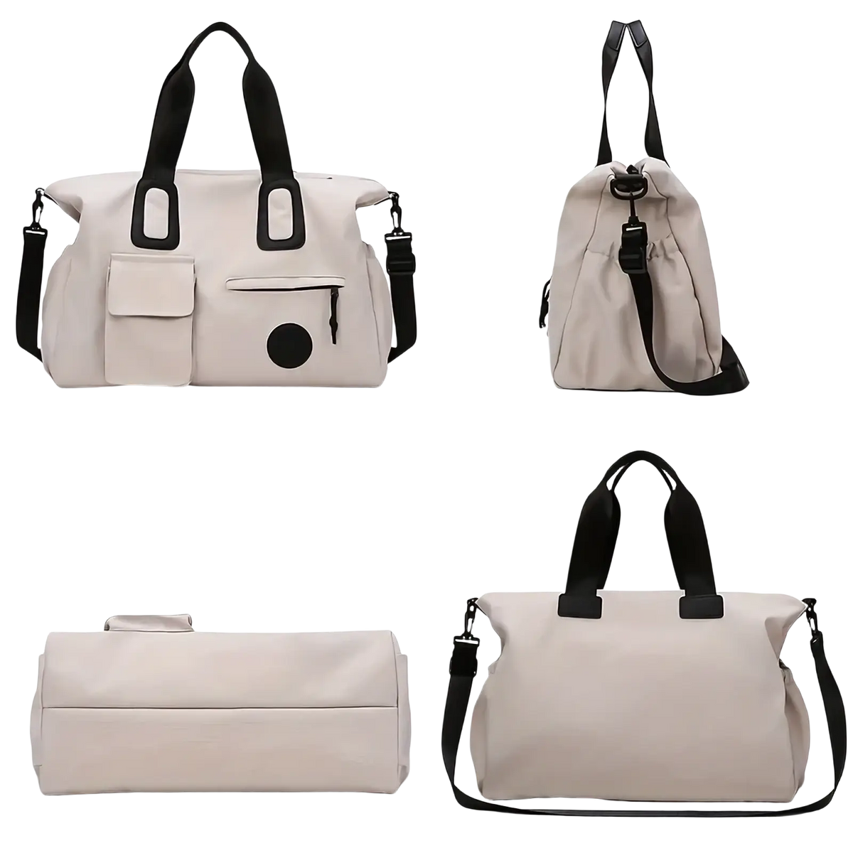 Beige nylon women travel duffel bag with black handles and straps multiple pockets and drawstring closure