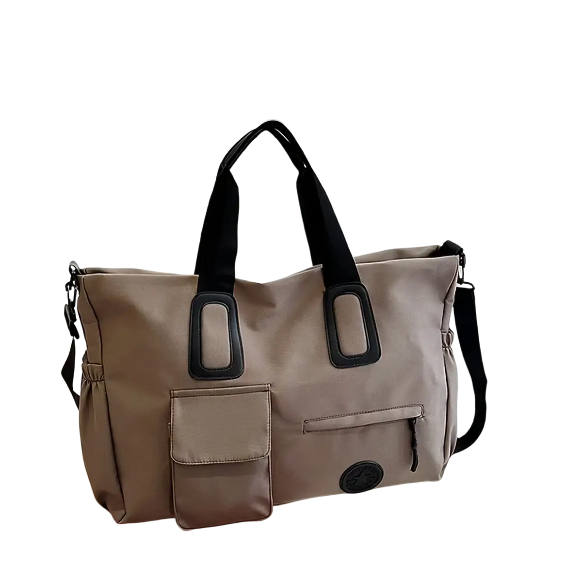 Beige nylon women travel duffel bag with black canvas handles and leather-like rectangular accents for gym use