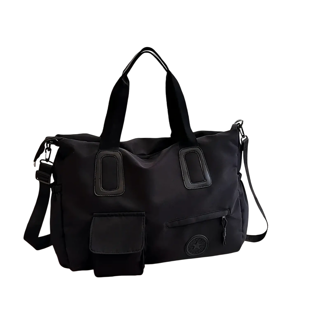 Black nylon women travel duffel bag with reinforced leather patches and circular front logo for gym and multi-pocket use