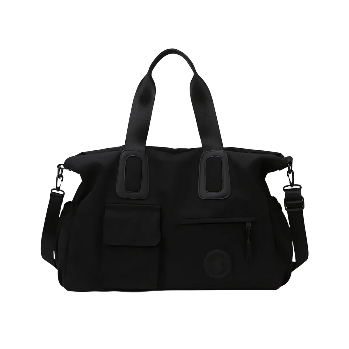 Black nylon women travel duffel bag with reinforced handles and side straps for gym and multi-pocket use