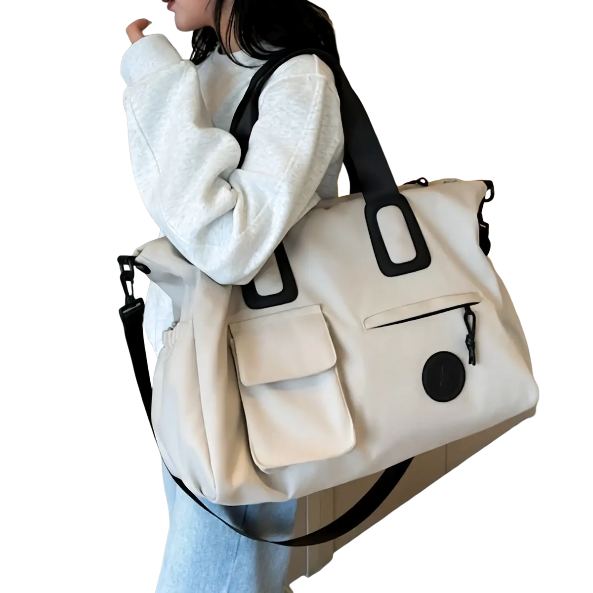 Cream-colored nylon travel duffel bag with black webbing straps and rectangular buckle accents for women gym use