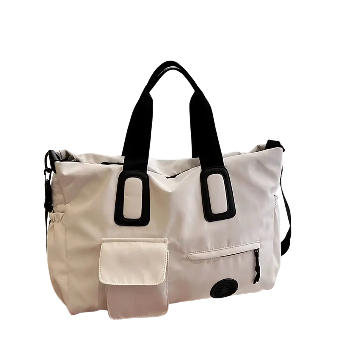 White nylon women travel duffel bag with black webbing handles and metal hardware for gym and multi pocket use