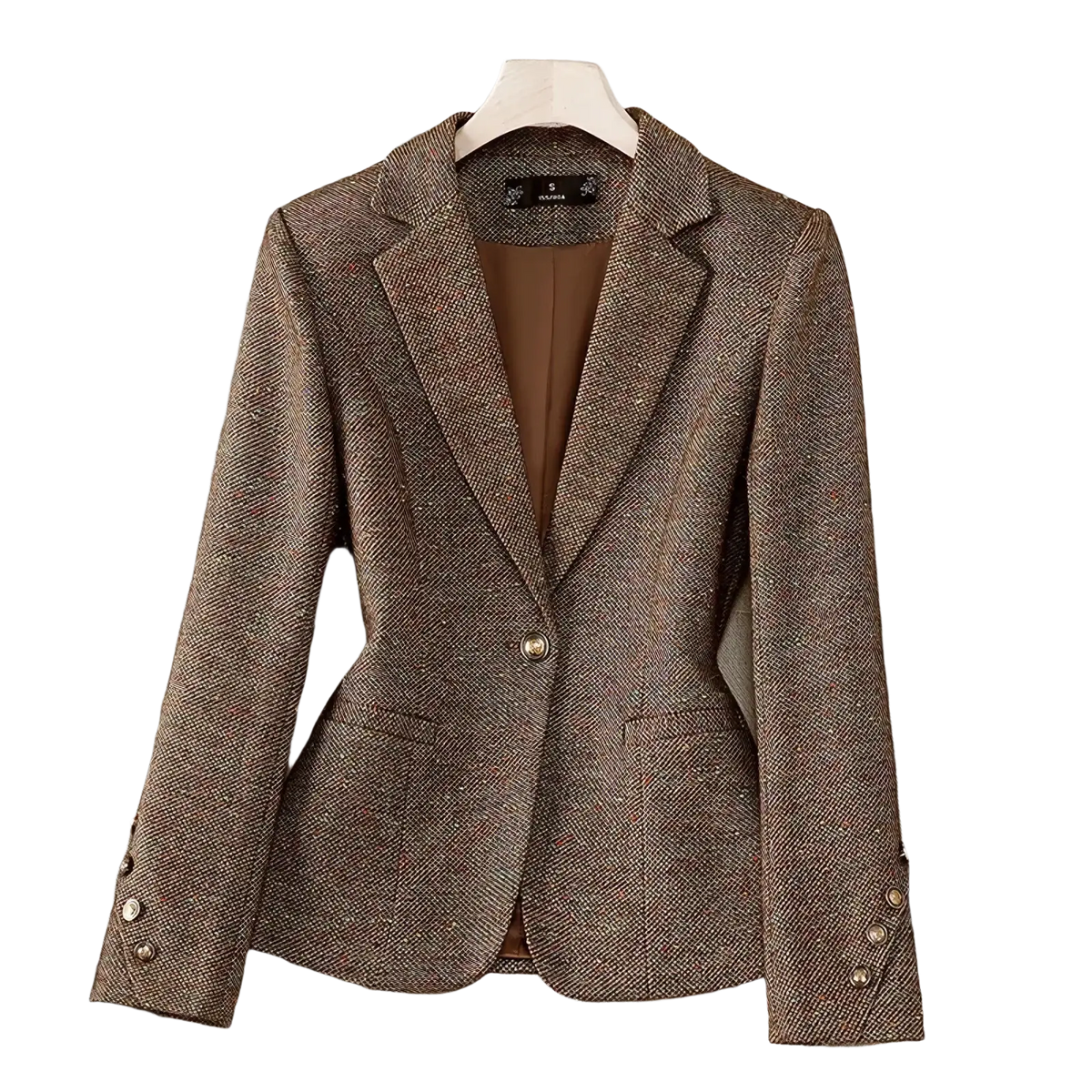 Women office blazer slim long sleeve brown herringbone pattern with single button closure and gold toned buttons