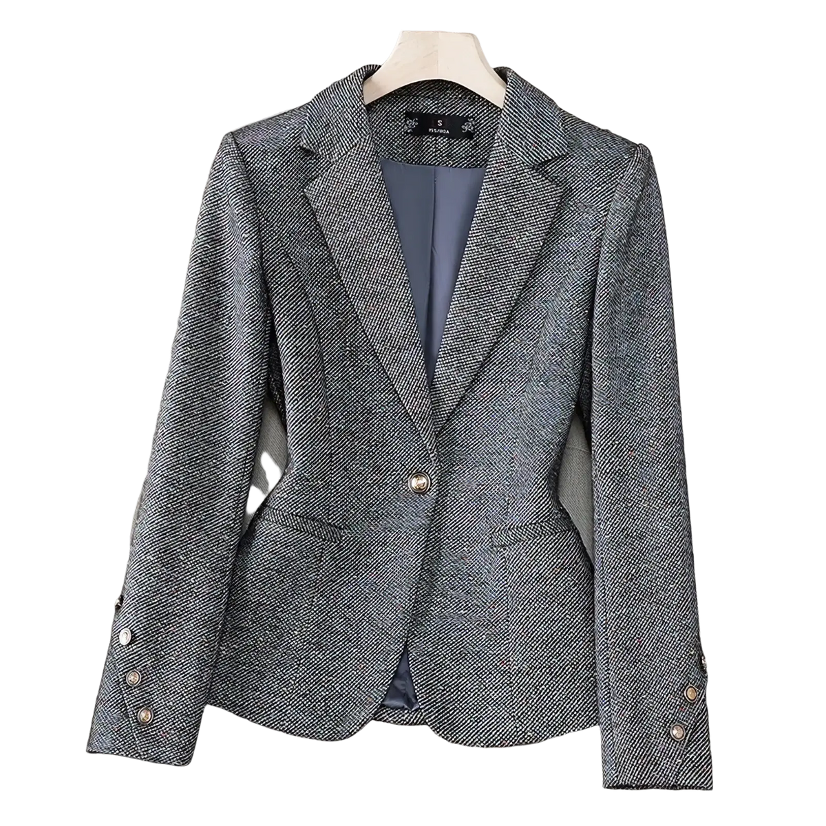 Women office blazer slim long sleeve work jacket gray herringbone pattern single button closure with metallic buttons