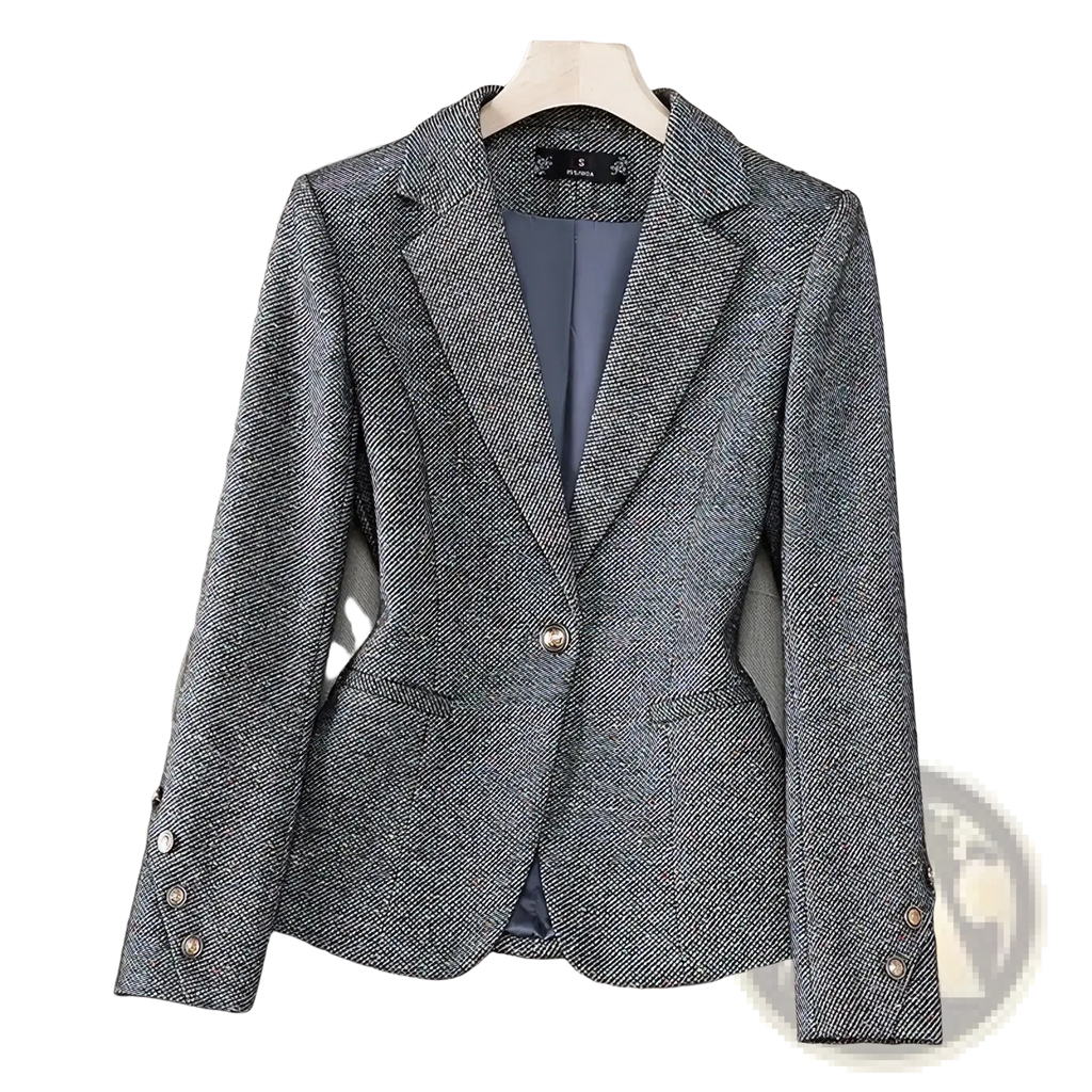 Women office blazer slim long sleeve work jacket gray herringbone pattern single button closure with metallic buttons