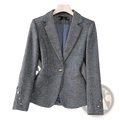 Women office blazer slim long sleeve work jacket gray herringbone pattern single button closure with metallic buttons