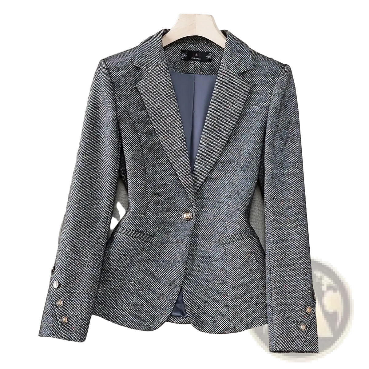Women office blazer slim long sleeve work jacket gray herringbone pattern single button closure with metallic buttons