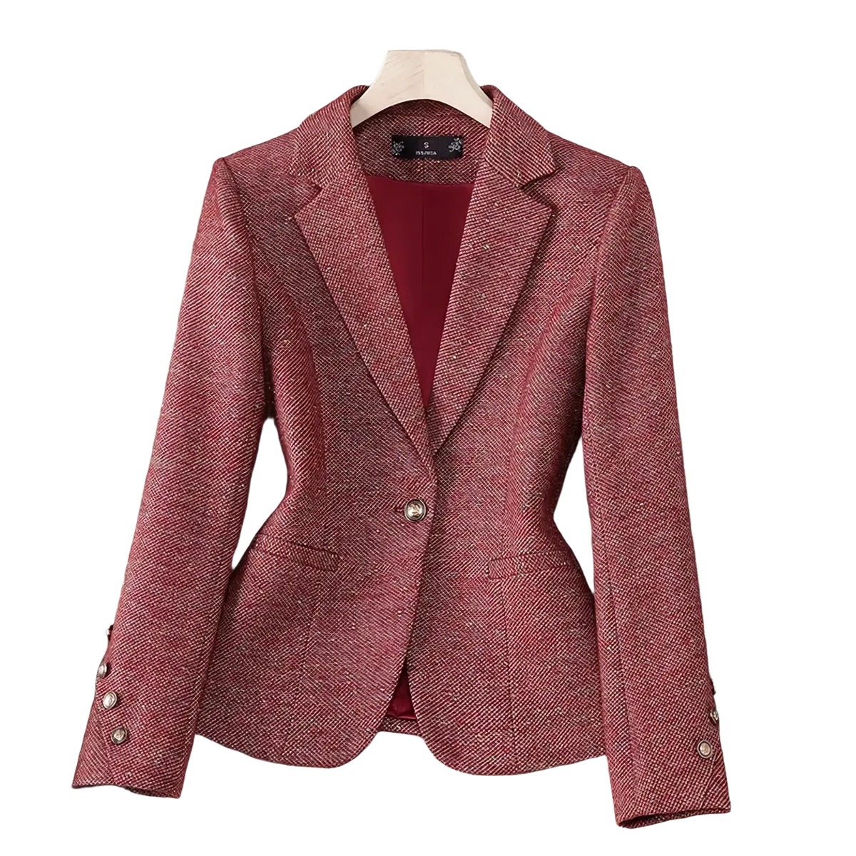 Women office blazer slim long sleeve work jacket in stylish red textured fabric with single button closure and cuff buttons