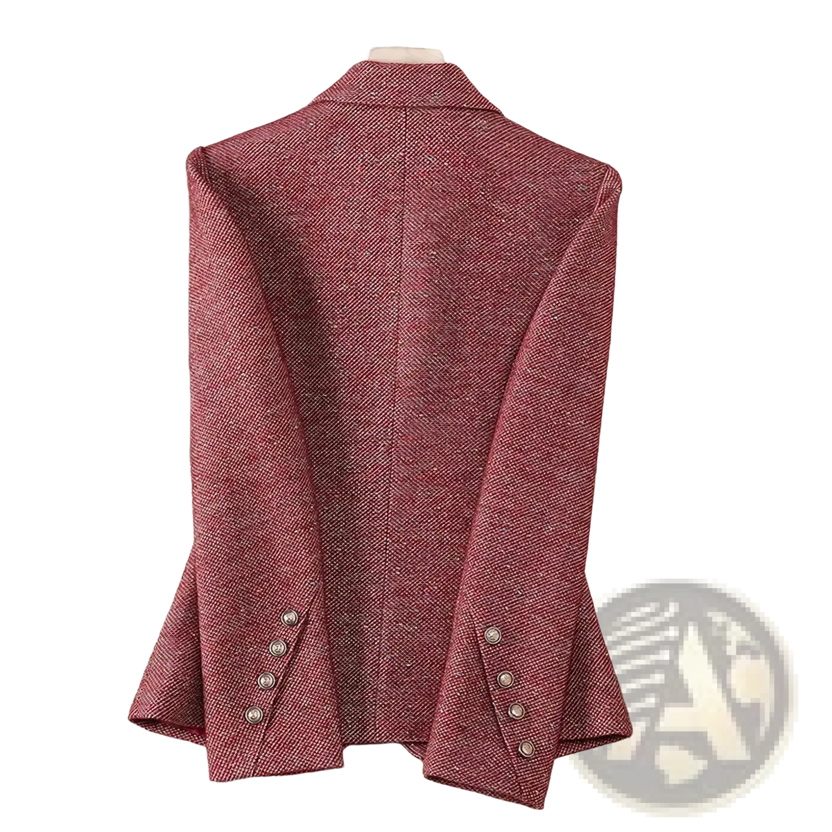 A rust-colored slim women office blazer with textured tweed fabric and silver-toned button cuffs for work