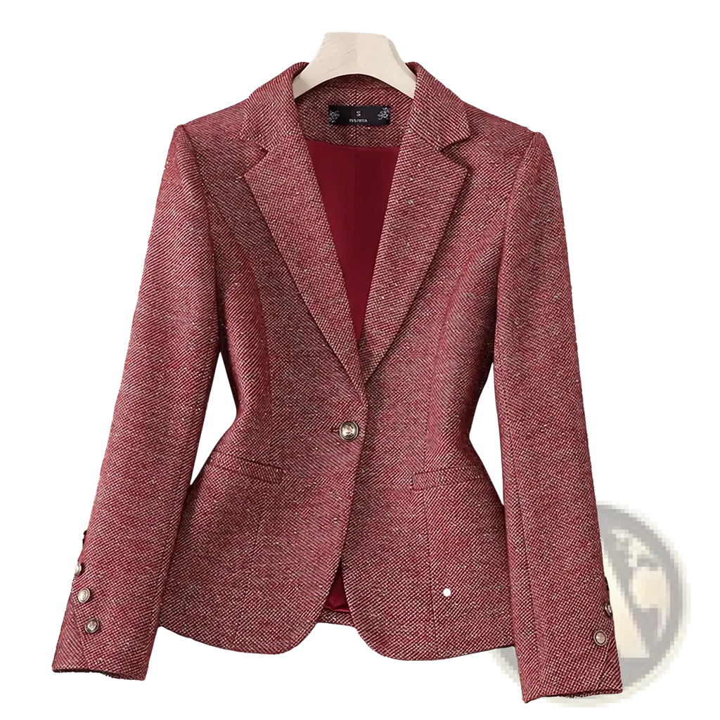 Women office blazer slim long sleeve work jacket in textured maroon herringbone fabric with silver buttons